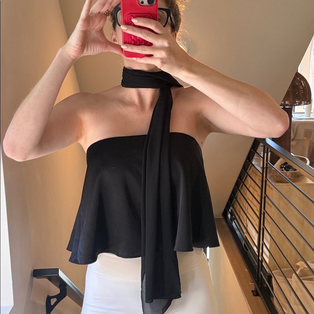 Chic Black Strapless Blouse with Scarf Detail